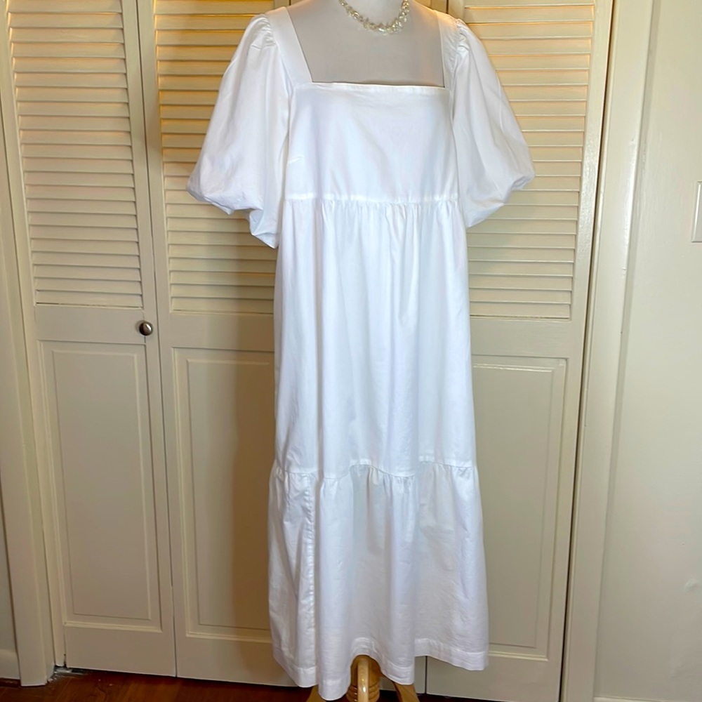 Old Navy Puff-Sleeve Fit & Flare Smocked All-Day Midi Dress White Cotton Size XL
